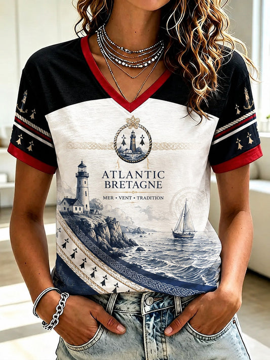 T-shirt à col en V imprimé celtique de Bretagne pour femmes