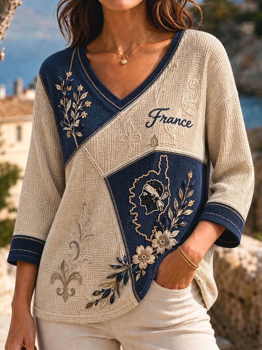 Haut décontracté à col en V en tissu gauffré, patchwork corse rétro pour femme