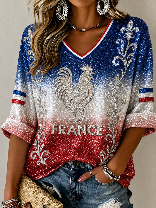 Chemise en lin à col V pour femme, motif France Football