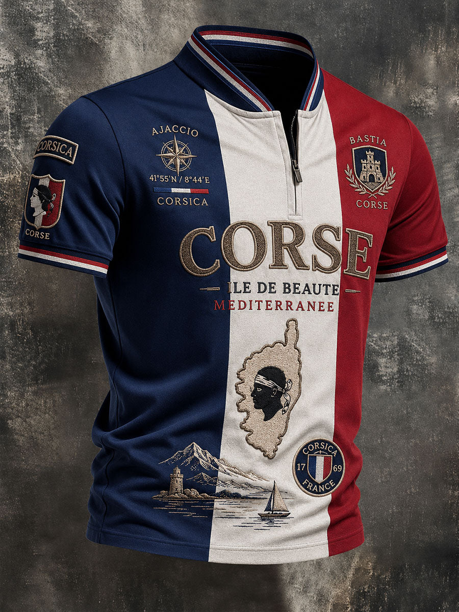 T-shirt manches courtes à fermeture Éclair pour homme, modèle Corse