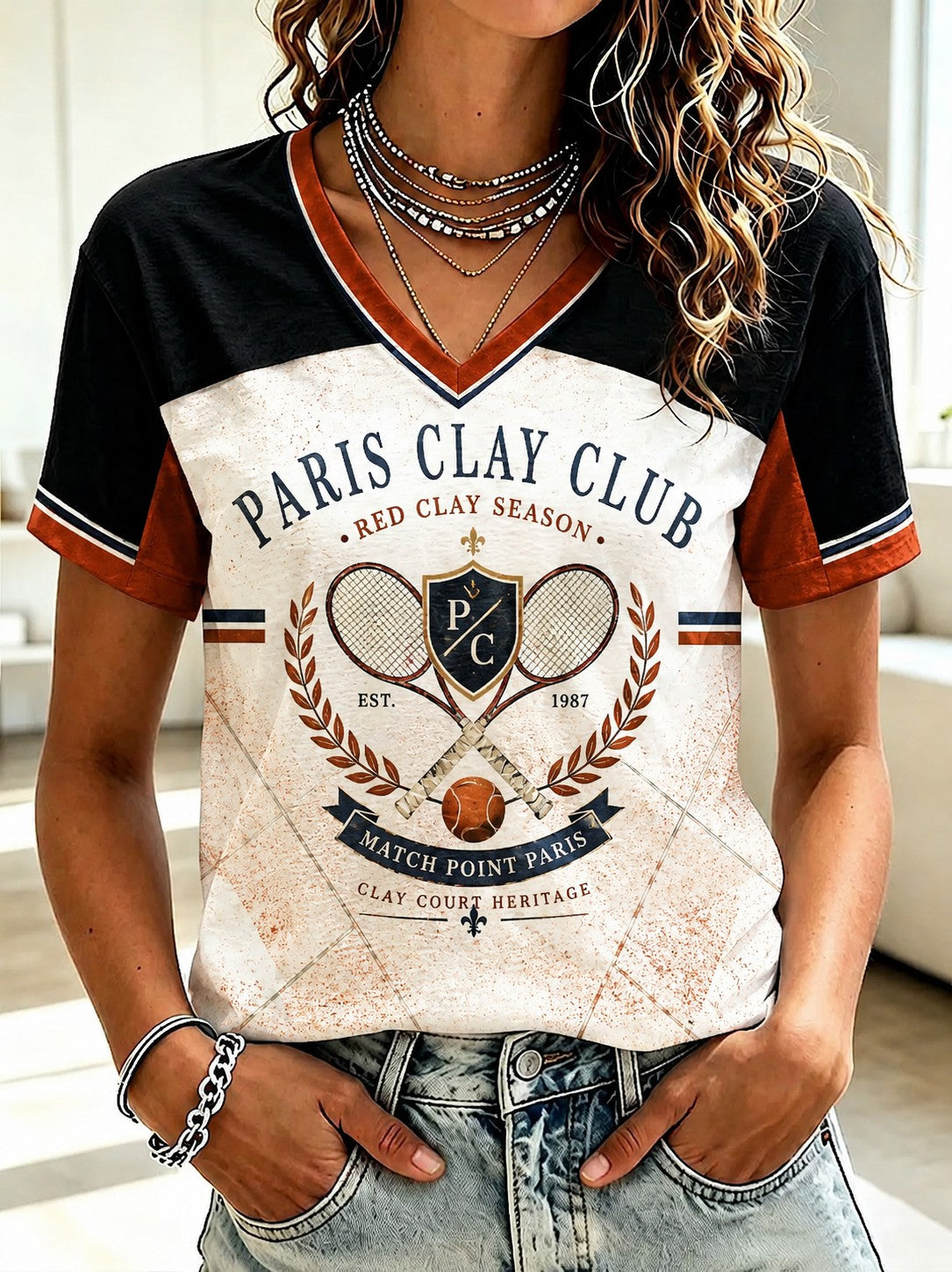 T-shirt imprimé à col en V du Championnat international de France de tennis féminin
