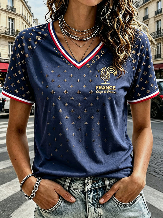 T-shirt décontracté à col en V pour femme, bleu marine, imprimé coq français 2026