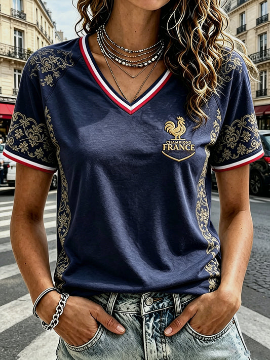 T-shirt décontracté à col en V pour femme, bleu marine, imprimé coq français de football