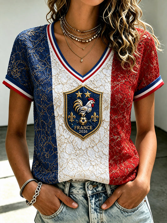 Chemise en lin à col V pour femme, motif France Football
