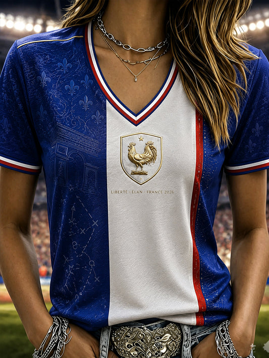 T-shirt décontracté à col en V imprimé France Football pour femmes
