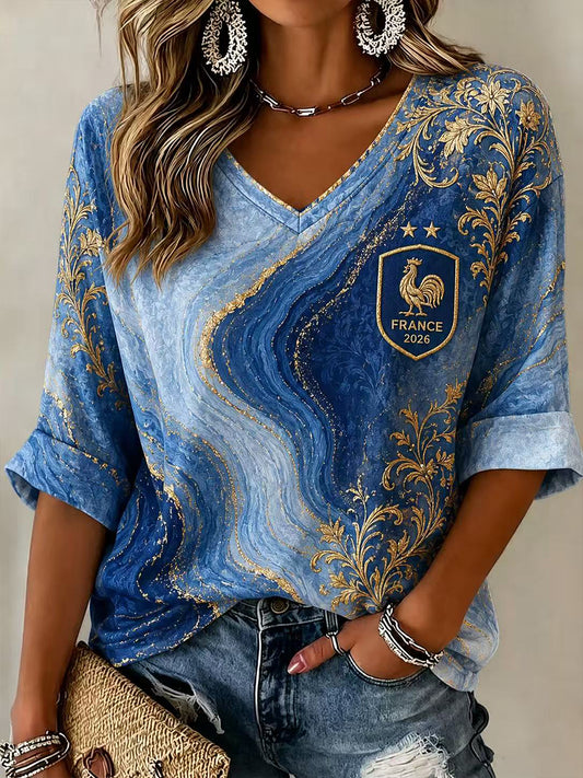 Chemise en lin à col V pour femme, motif France Football