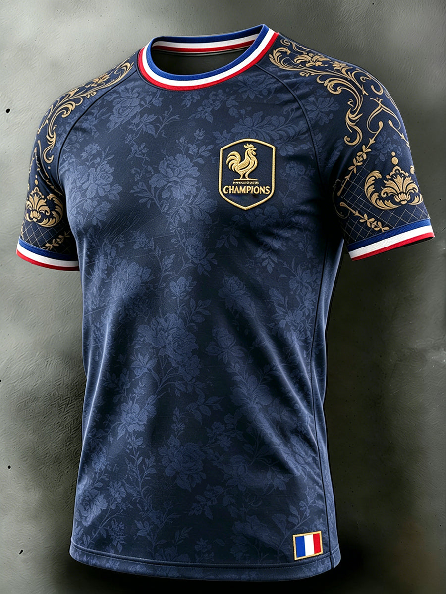 T-shirt décontracté à épaules tombantes pour homme, bleu marine, motif coq français