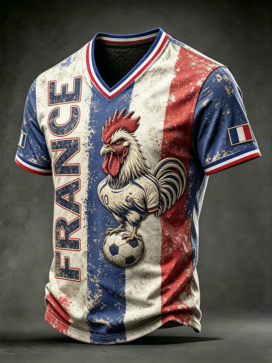 T-shirt décontracté à col en V pour homme, style vintage, motif coq du football français