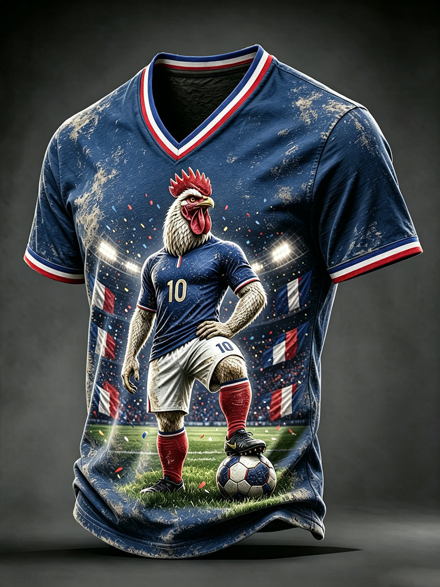 T-shirt décontracté à col en V pour homme, bleu, motif coq du football français