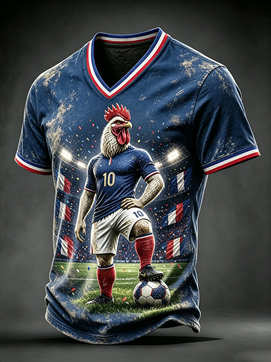T-shirt décontracté à col en V pour homme, bleu, motif coq du football français