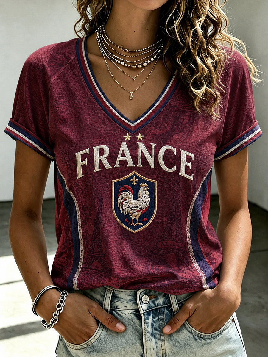 T-shirt femme France Football à col en V et épaules dénudées, manches courtes