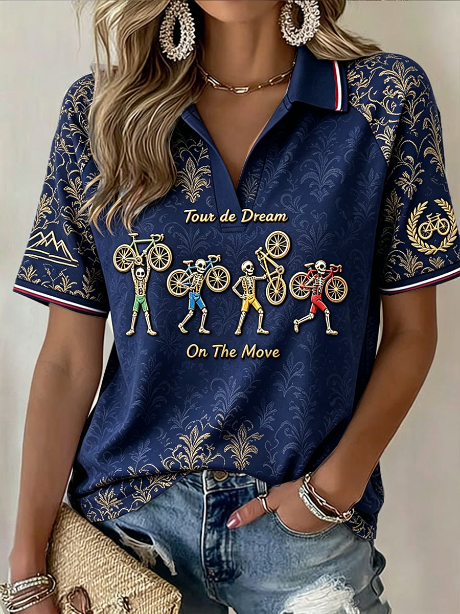 Femmes Bleu Marine Français Tour de Rêve Cyclisme Imprimé Floral Casual Col V Polo