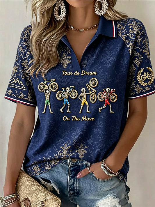 Femmes Bleu Marine Français Tour de Rêve Cyclisme Imprimé Floral Casual Col V Polo