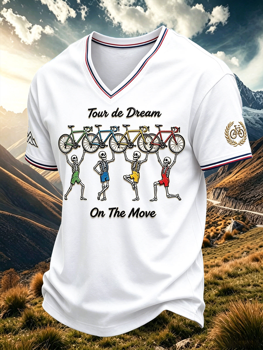 T-shirt décontracté à col en V imprimé 3D French Cycling Tour pour homme