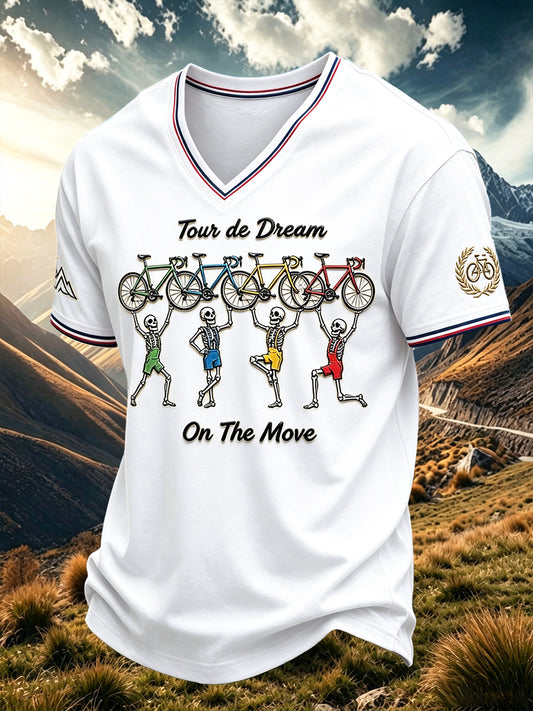 T-shirt décontracté à col en V imprimé 3D French Cycling Tour pour homme
