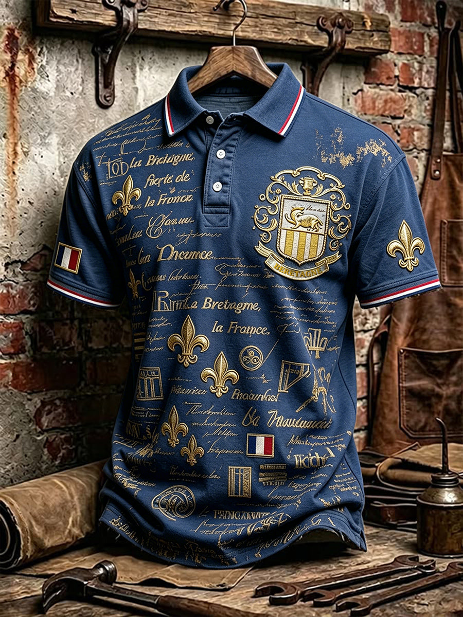 Polo décontracté pour homme, style vintage, bleu marine, motif breton français