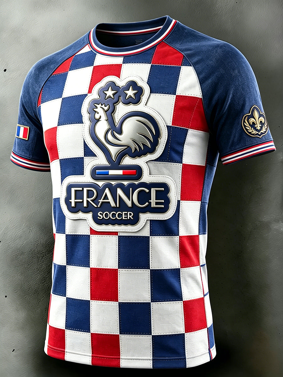 Coq Français Football Check Imprimer T-shirt décontracté Goutte épaule
