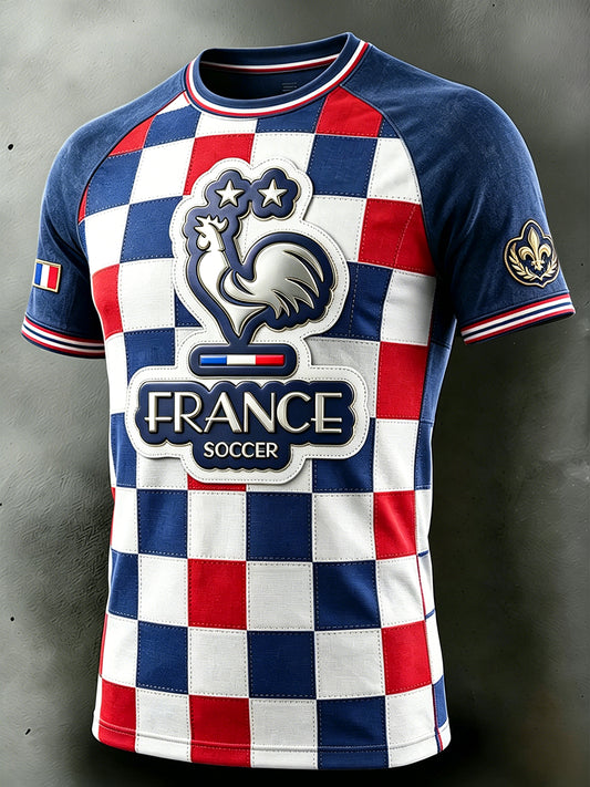 Coq Français Football Check Imprimer T-shirt décontracté Goutte épaule