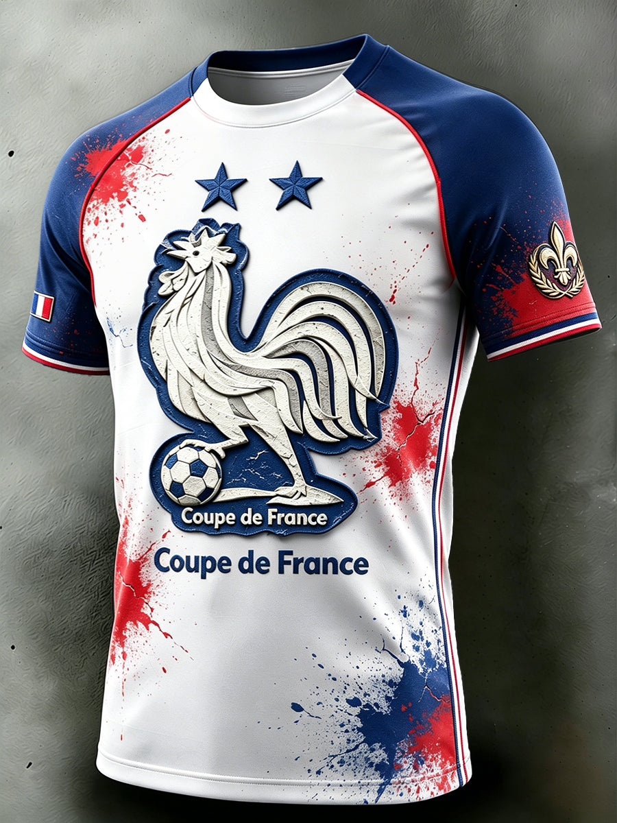Coq Français Football Graffiti Patchwork Imprimer T-shirt décontracté à épaules tombantes pour hommes