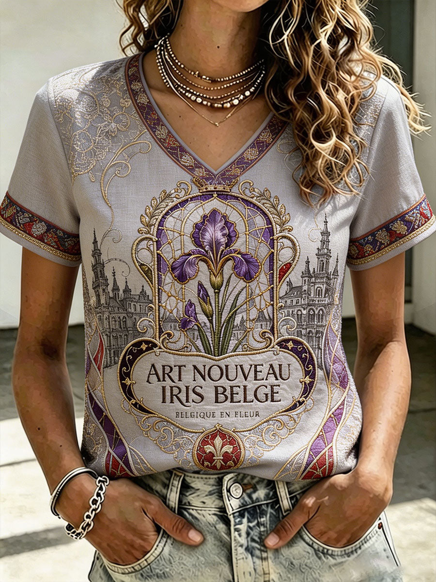 T-shirt en lin imprimé Belguim National Day Iris Art Femme