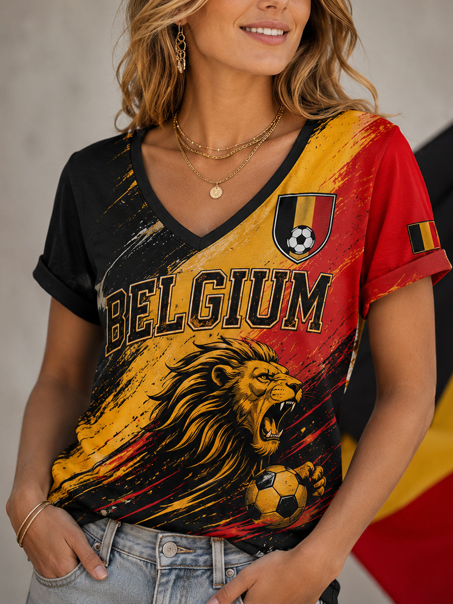 Haut à manches courtes et col en V, imprimé sur le thème du football féminin