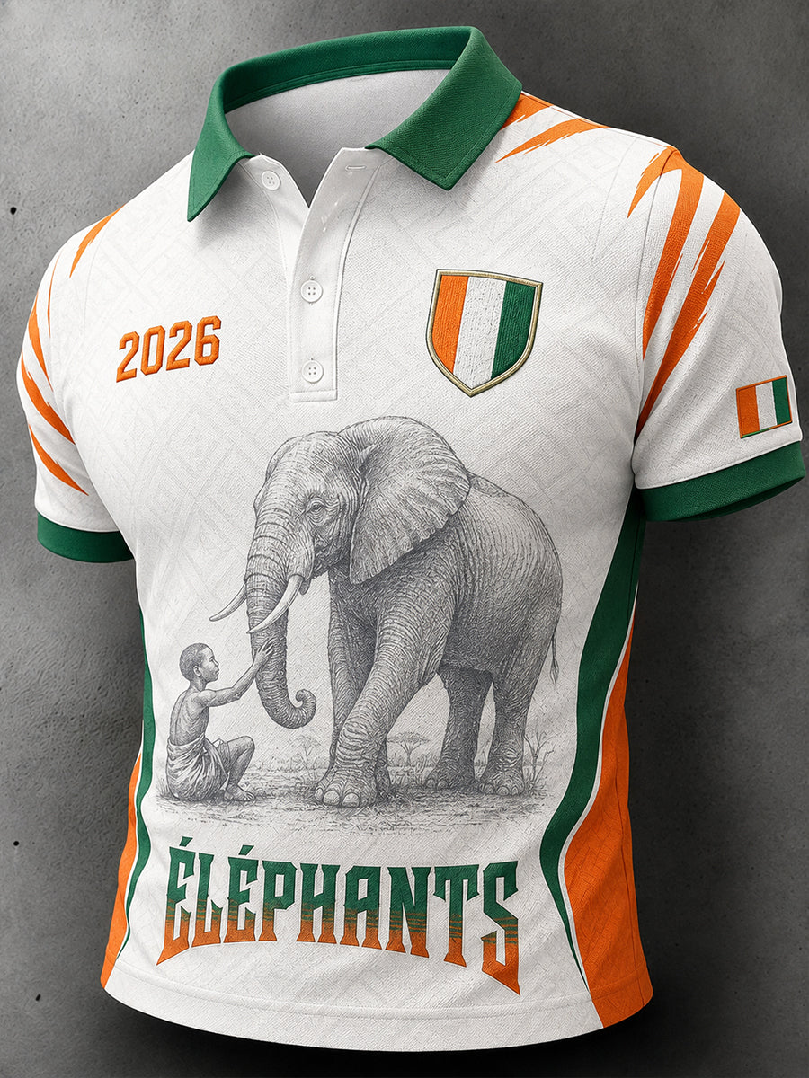 Polo à manches courtes pour homme avec imprimé éléphant et ballon de football