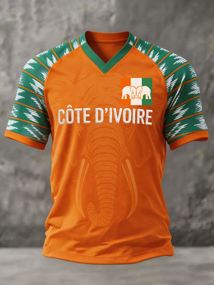 T-shirt col en V imprimé pour homme Côte d'Ivoire Football Lover Art