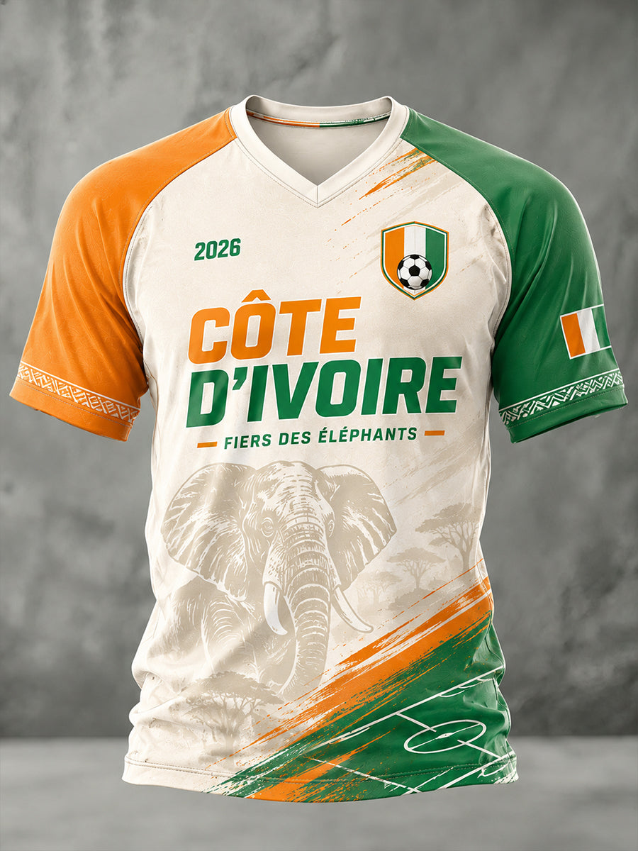 T-shirt à col en V pour homme, motif football et éléphant