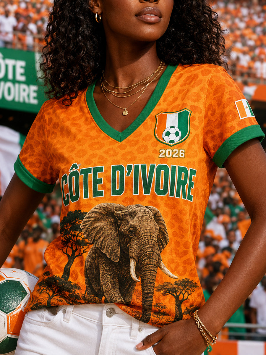 Haut à manches courtes et col en V pour femme, motif football et éléphant