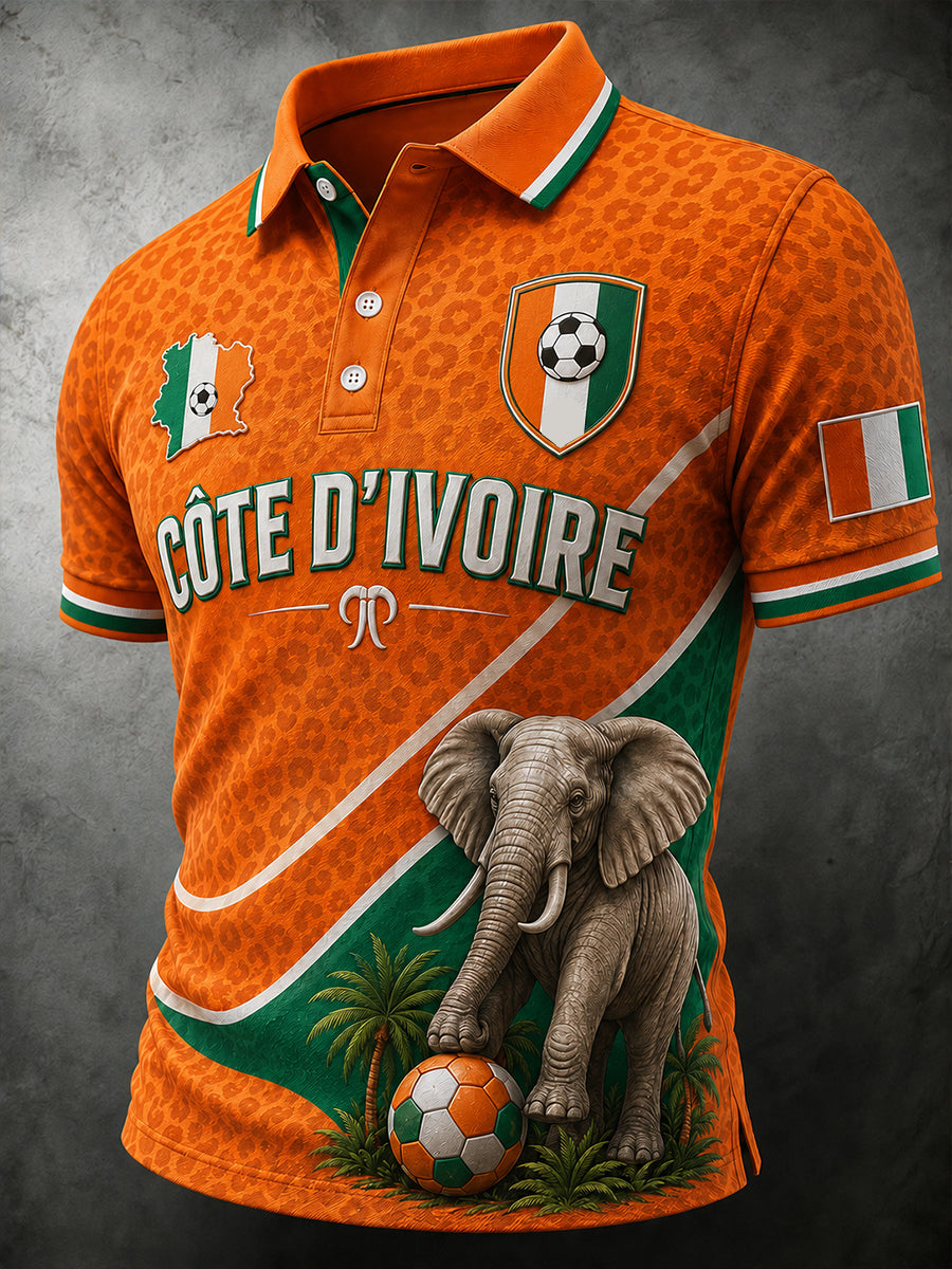 Polo à manches courtes pour homme avec imprimé éléphant et ballon de football