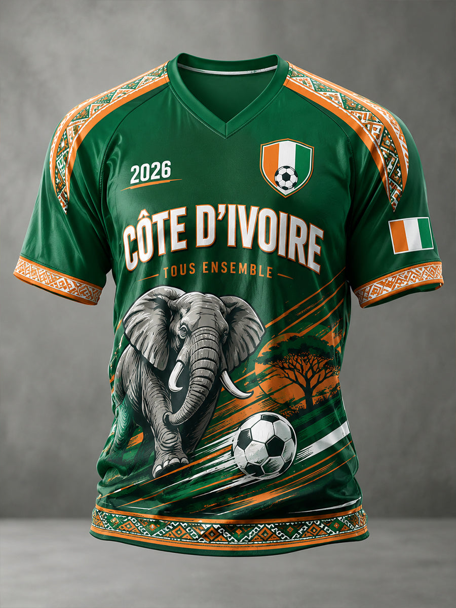 T-shirt à col en V pour homme, motif football et éléphant