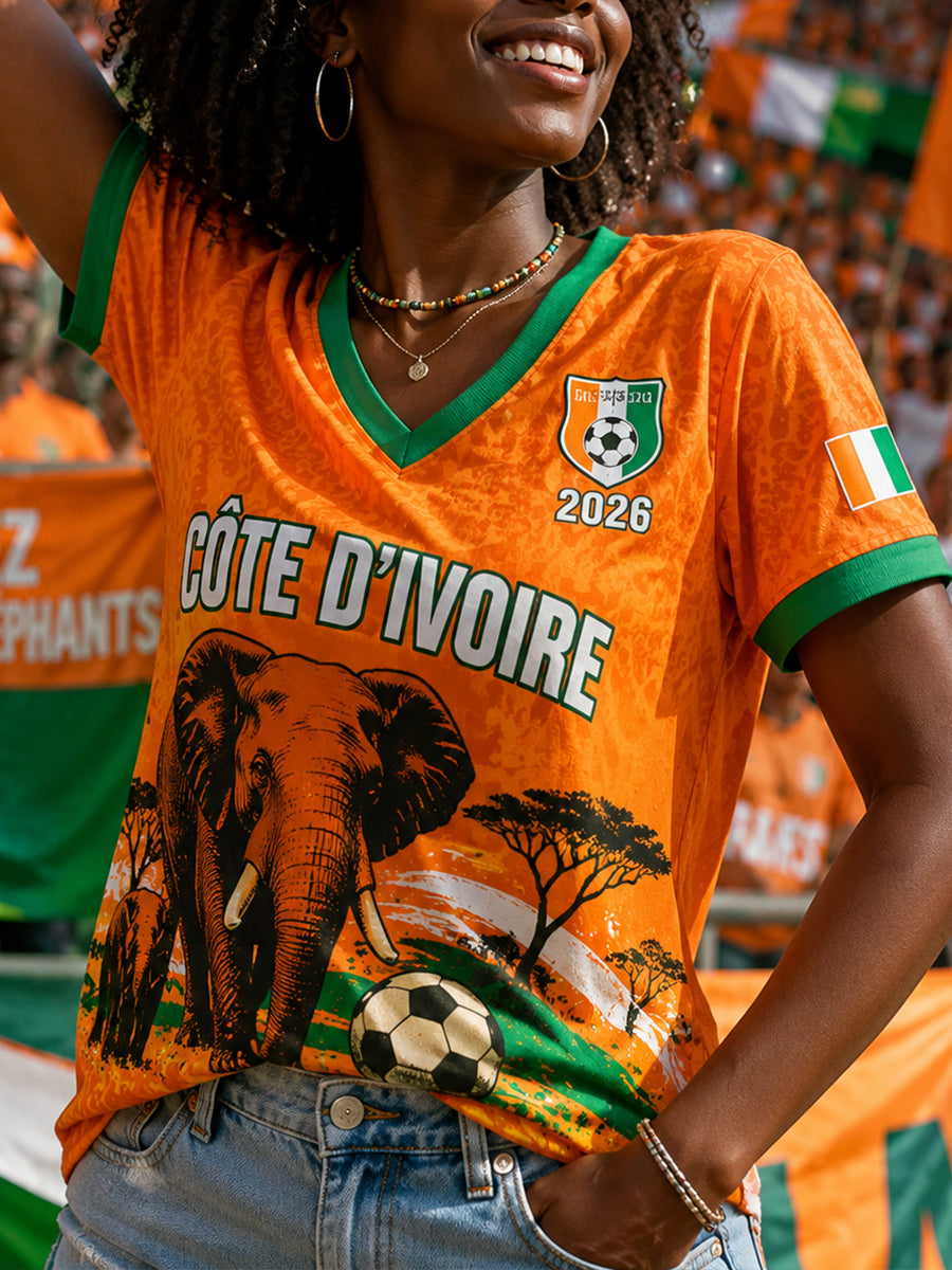 Haut à manches courtes et col en V pour femme, motif football et éléphant