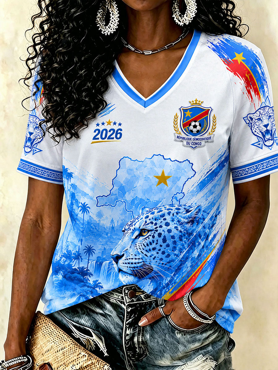 T-Shirts à Col V Football République Démocratique du Congo pour Femmes