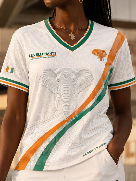 T-shirt à manches courtes à col en V imprimé Elephant Football Femme
