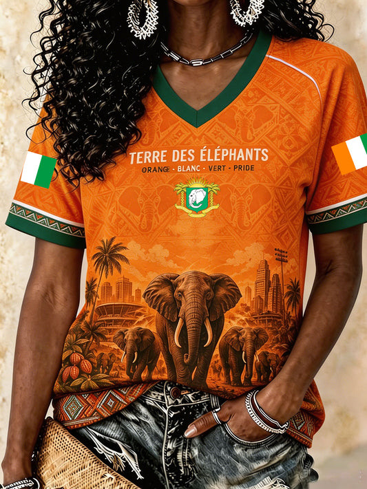 T-shirt imprimé d’art pour les amateurs de football, éléphant de Côte d’Ivoire, couleur ivoire, pour femmes