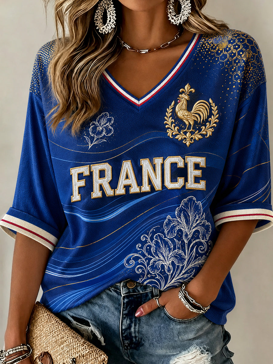 Chemise en lin à col V pour femme, motif France Football