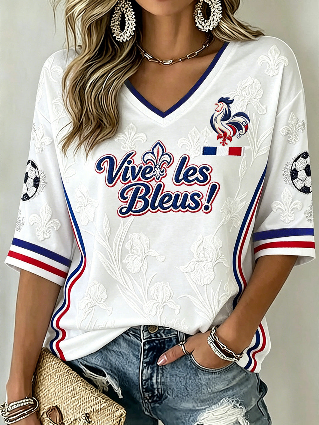 T-shirt décontracté à manches mi-longues et col en V, motif floral pour le football féminin