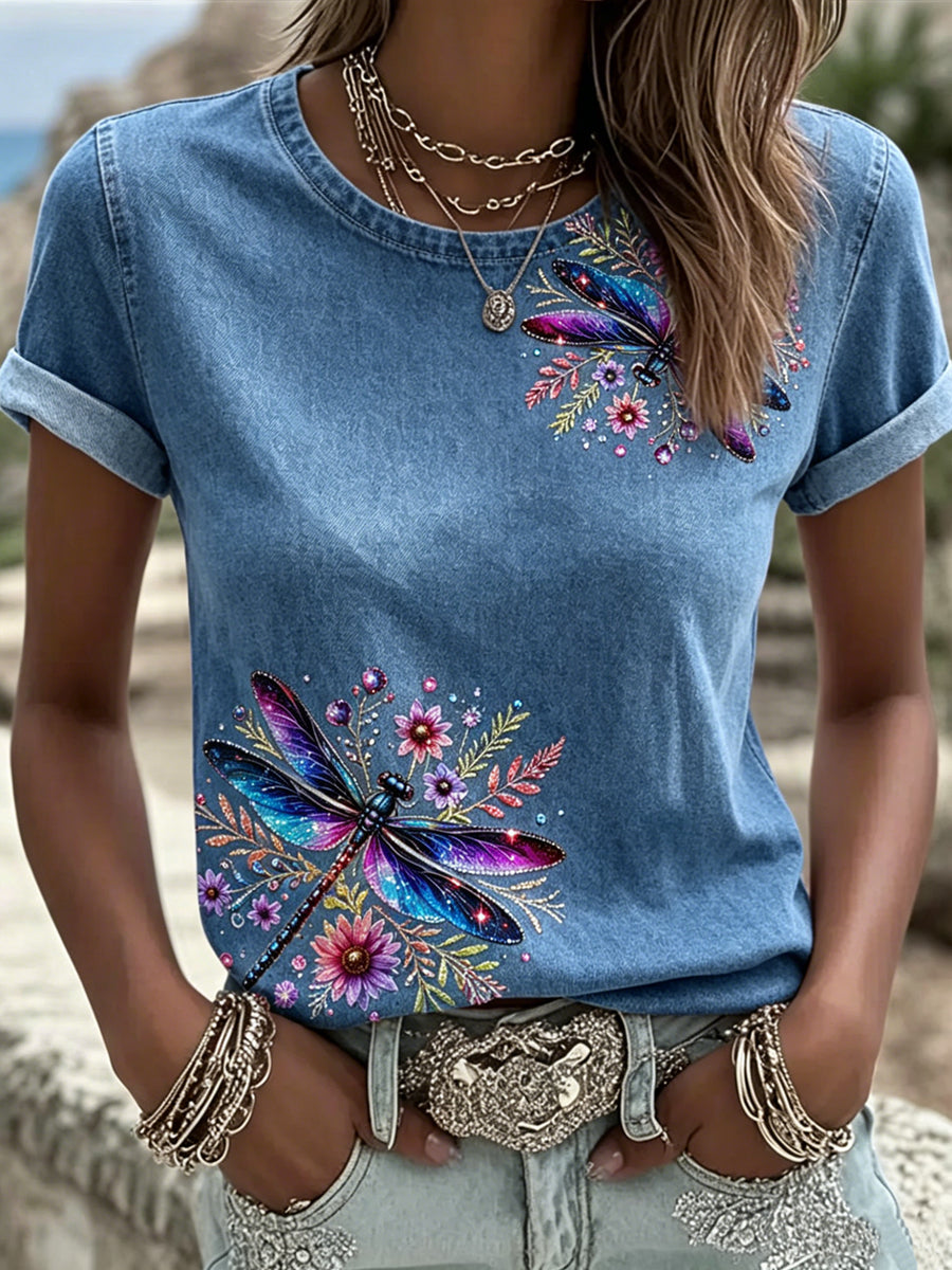 Libellule Imprimé Mode Vintage lâche T-shirt à manches courtes pour femmes