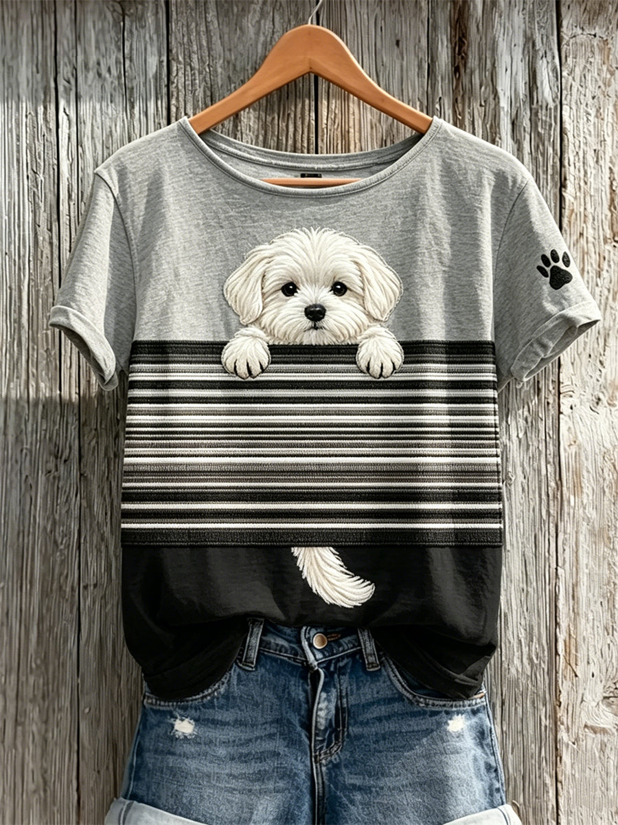 T-shirt à manches courtes pour femmes, imprimé color-block avec un petit chien maltais qui fait coucou