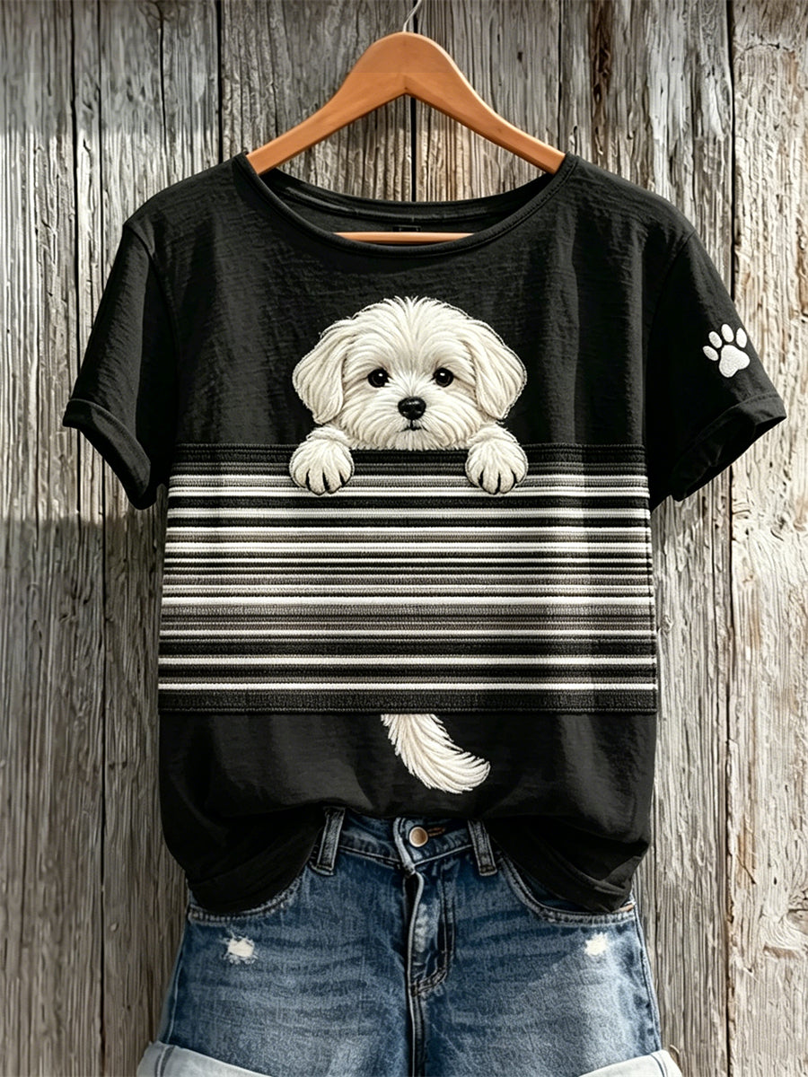 T-shirt à manches courtes pour femmes, imprimé color-block avec un petit chien maltais qui fait coucou