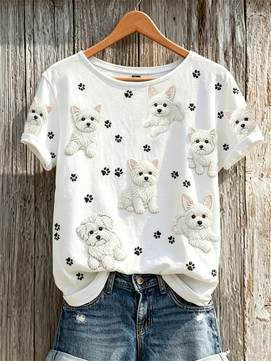 T-shirt à manches courtes pour femme, motif chiens maltais et empreintes de pattes