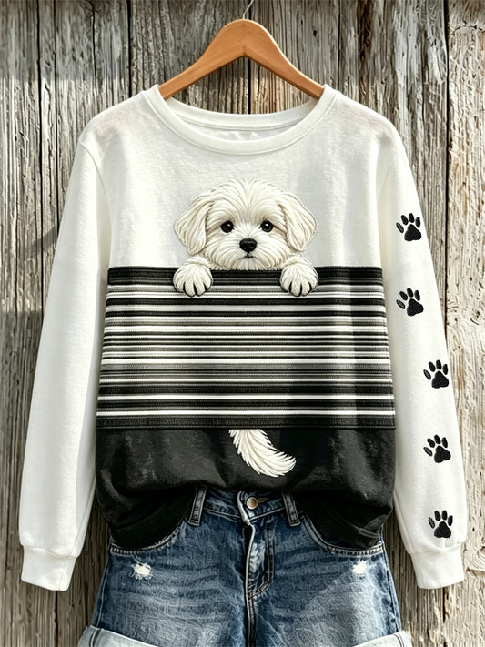 Sweat-shirt pour femme à imprimé color-block avec motif de maltais qui dépasse et empreintes de pattes
