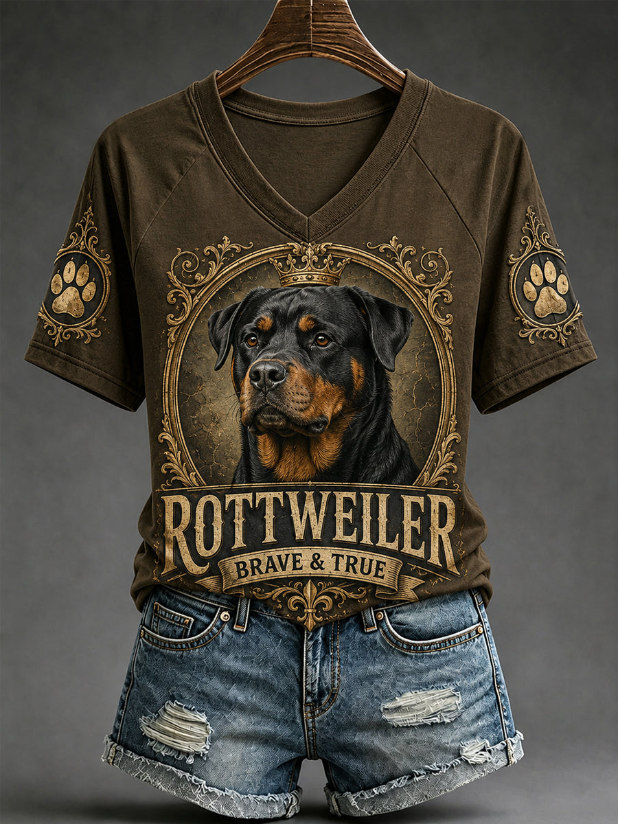 T-shirt décontracté à col en V pour femmes, imprimé chien rétro