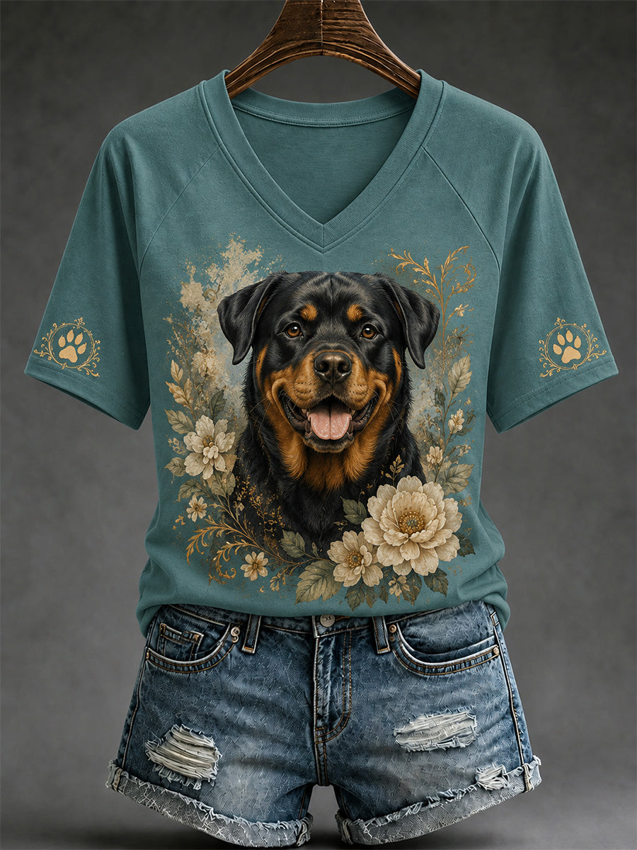 T-shirt décontracté à col en V pour femmes, imprimé chien rétro