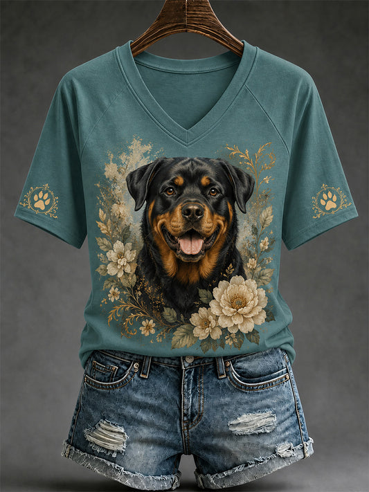 T-shirt décontracté à col en V pour femmes, imprimé chien rétro