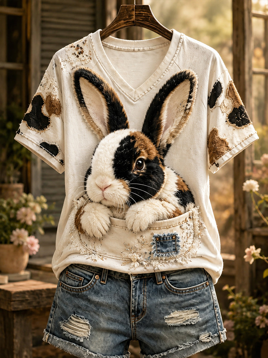 T-shirt à manches courtes à col V Fun Retro Rabbit pour femme
