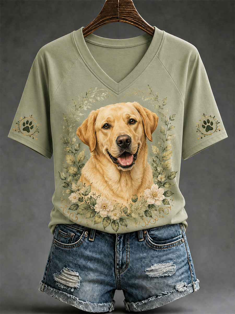 T-shirt décontracté à col en V pour femmes, imprimé chien rétro
