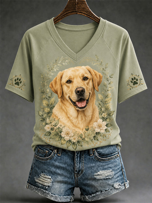 T-shirt décontracté à col en V pour femmes, imprimé chien rétro