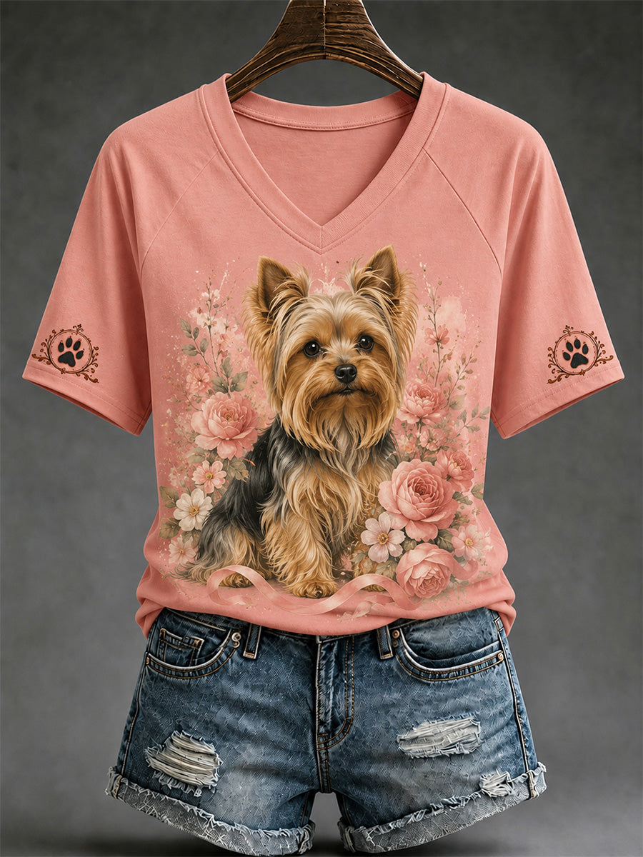 T-shirt décontracté à col en V pour femmes, imprimé chien rétro