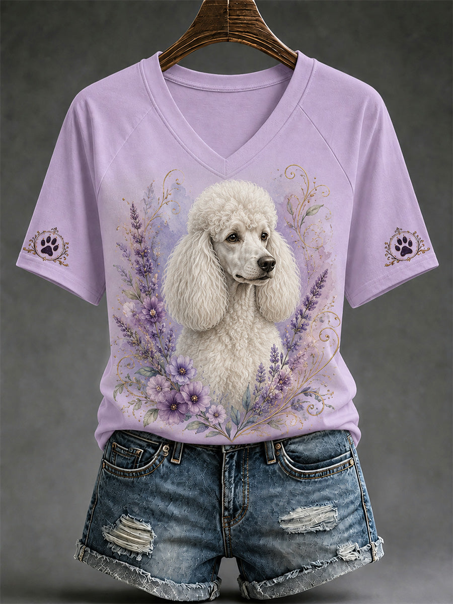 T-shirt décontracté à col en V pour femmes, imprimé chien rétro